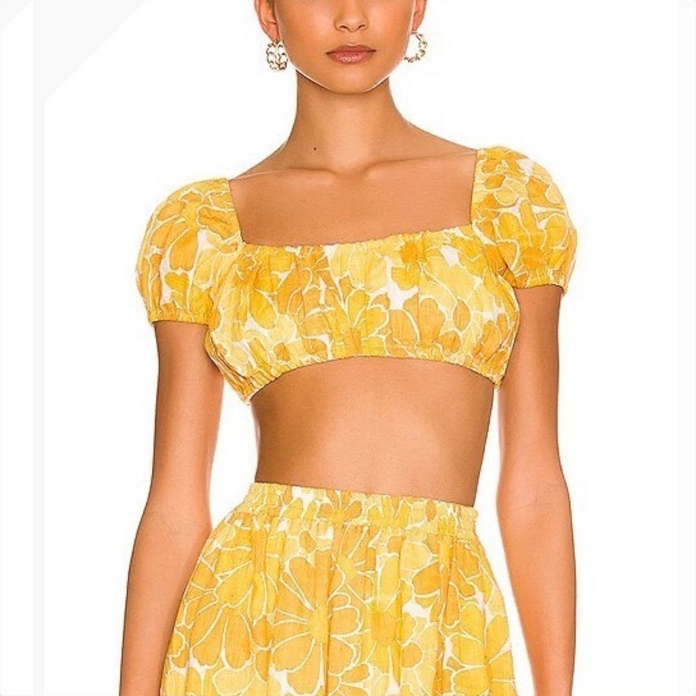 Faithfull the Brand Harlow Top Women XL Marigold Floral Puff Sleeve Crop Linen